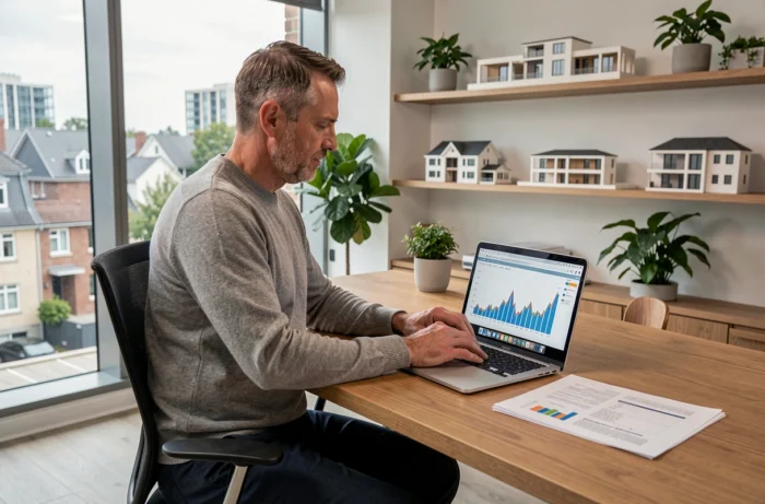 Agent immobilier masculin analysant des graphiques du marché immobilier 2024 sur ordinateur portable dans un bureau contemporain