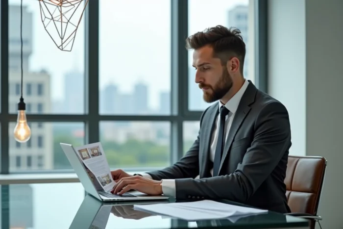 Agent immobilier masculin analysant des dossiers de vente dans une agence moderne en milieu urbain