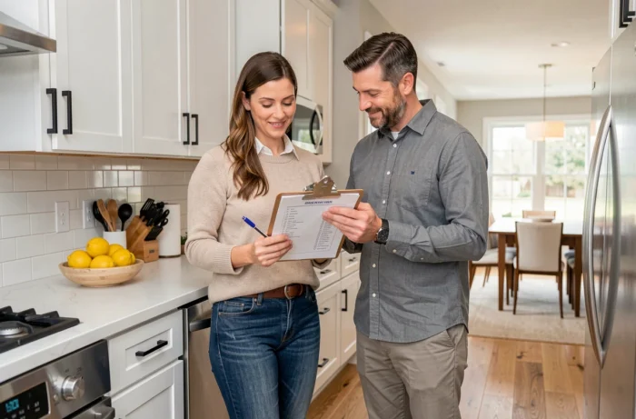 Agent immobilier et propriétaire évaluant les améliorations d'une cuisine rénovée avant la mise en vente d'un bien immobilier