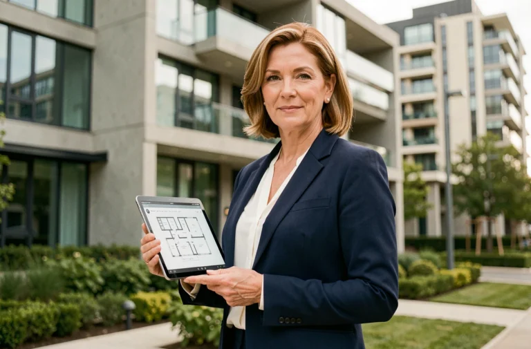 Agent immobilière professionnelle devant un immeuble résidentiel moderne, tenant une tablette avec des plans architecturaux, illustrant les tendances immobilières 2024