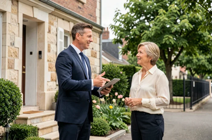Agent immobilier expliquant les options de protection d'un bien résidentiel à une propriétaire devant sa maison
