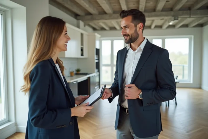 Agent immobilière accompagnant un acheteur lors d'une visite d'appartement moderne avec parquet et grandes fenêtres