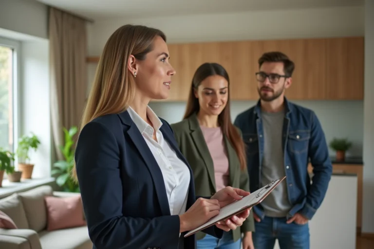 Agent immobilière présentant un appartement moderne à un couple lors d'une visite professionnelle