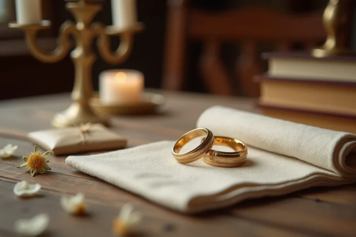 Alliances de mariage posées sur du lin crème symbolisant l'intimité d'une union discrète
