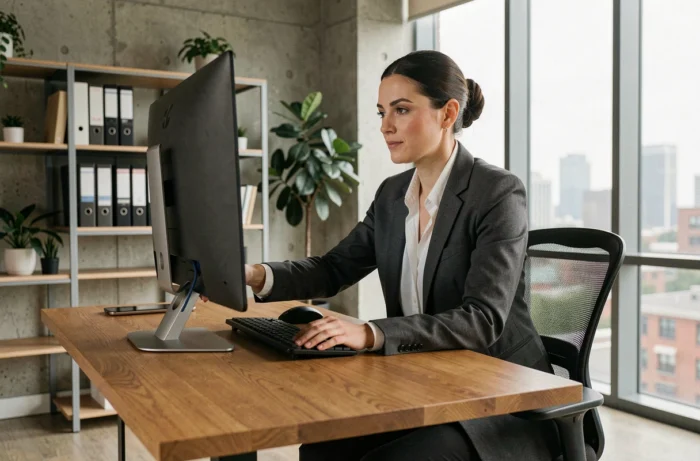 Femme professionnelle évaluant un bureau réglable en hauteur dans un bureau moderne aménagé avec mobilier ergonomique