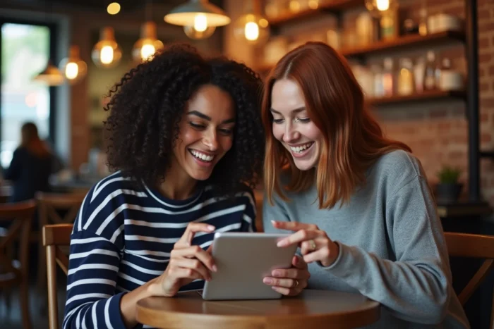 Deux amies françaises planifiant leurs achats beauté sur Ulta Beauty depuis un café parisien