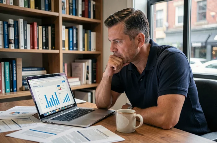 Chef de petite entreprise analysant des données marketing et des rapports de croissance sur son bureau à domicile