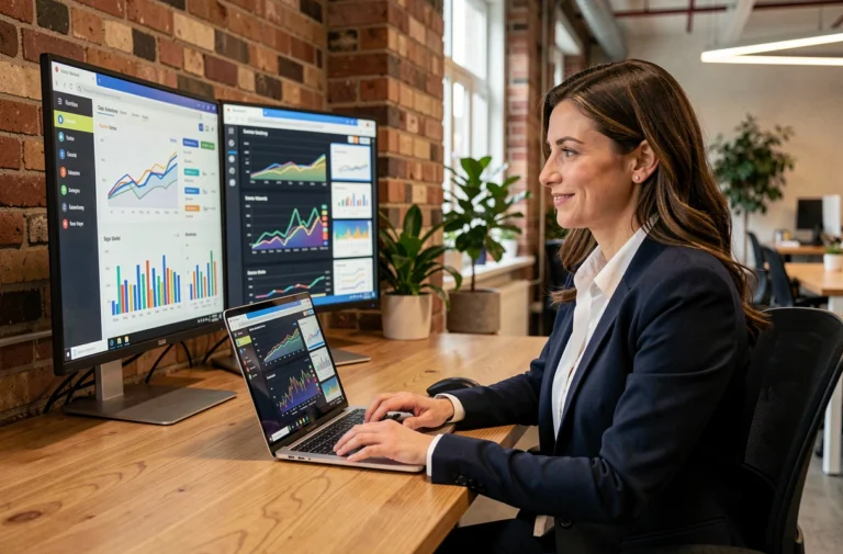 Femme d'affaires analysant les performances de son site web sur un écran d'ordinateur dans un bureau moderne