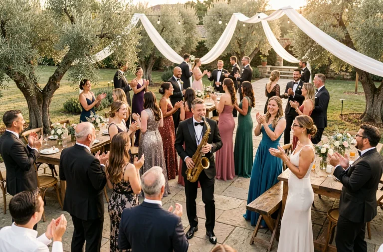 Saxophoniste en smoking noir animant la piste de danse lors d'un mariage en plein air sur une terrasse en pierre entourée d'oliviers