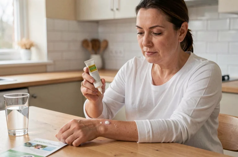 Femme appliquant soigneusement une pommade médicale Sterdex sur son avant-bras à une table de cuisine