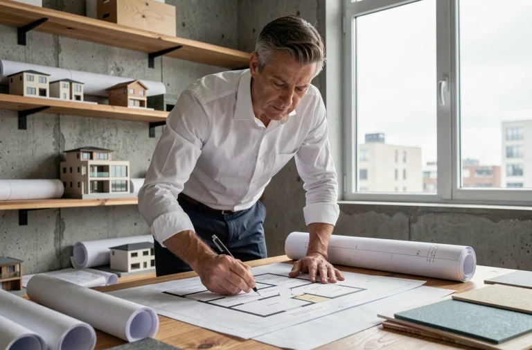 Architecte en studio examinant les plans d'une maison personnalisée sur une table à dessin en bois