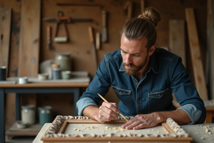 Artisan homme appliquant une finition sur un cadre en bois sculpté à la main dans un atelier authentique
