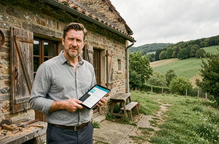 Artisan entrepreneur tenant une tablette devant son atelier dans la campagne corrézienne