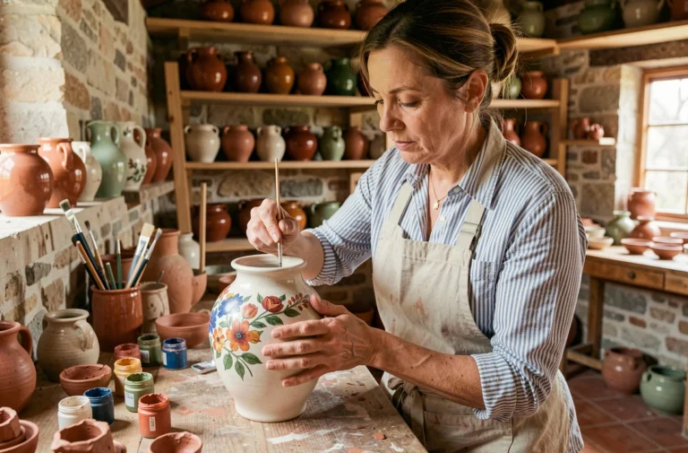 Artisane française peignant des motifs floraux sur une poterie en céramique dans un atelier rustique en pierre