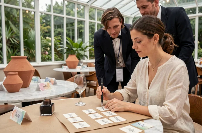 Calligraphe en blouse crème personnalisant des étiquettes de verres à la plume lors d'un cocktail de mariage dans un espace végétalisé