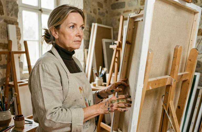 Béatrice Vonderweidt artiste peintre dans son atelier parisien devant une grande toile avec les mains tachées de peinture