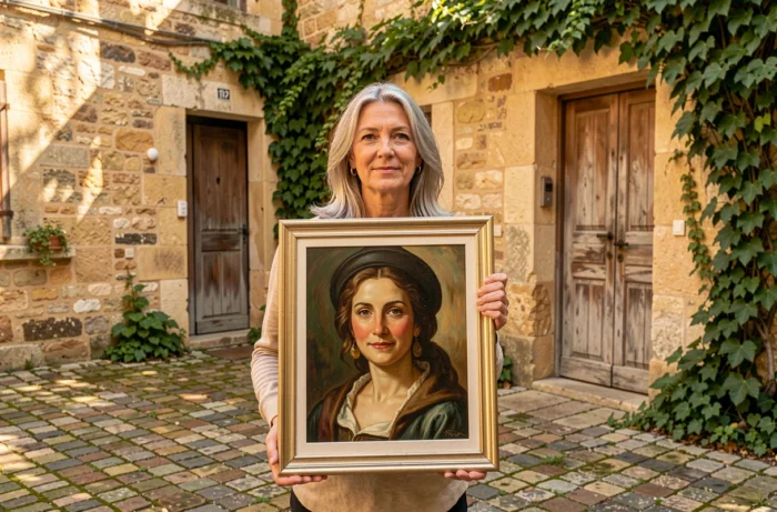 Béatrice Vonderweidt tenant un tableau représentant une femme dans une cour en pierre typique du village français