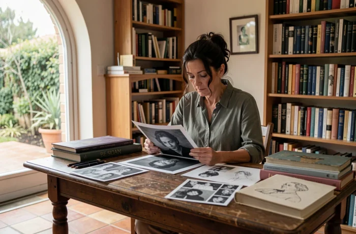 Béatrice Vonderweidt étudiant des références artistiques dans son studio entouré de livres d'art et de croquis