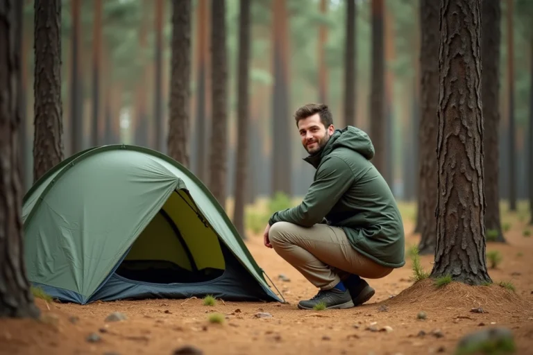 Bivouac solitaire sous les pins des Landes, tente légère posée sur un lit d'aiguilles dorées dans une forêt typique de la région