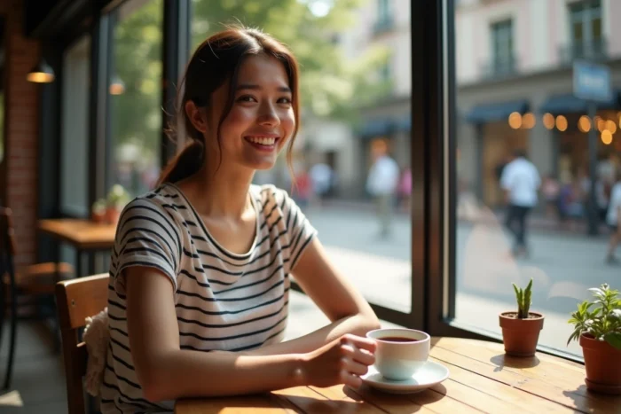 Jeune femme au café avec son bras exposé au soleil à travers une vitre, illustration du rayonnement UV et du bronzage