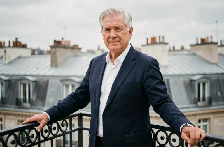 Homme d'affaires américain prospère sur un balcon parisien avec vue sur les toits haussmanniens