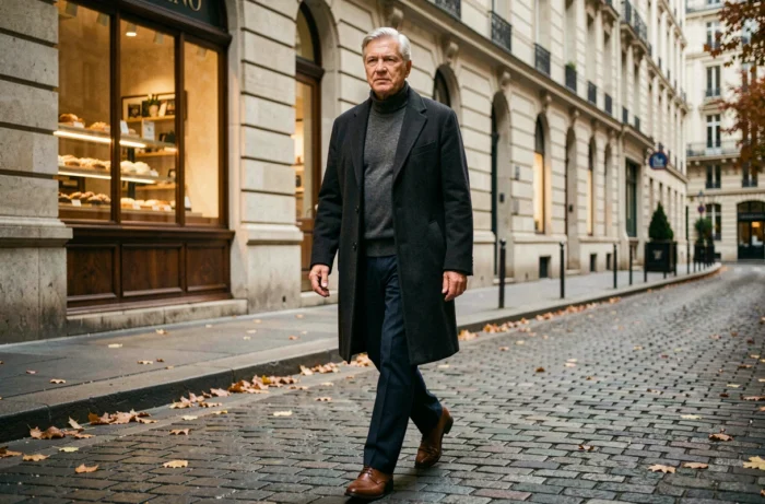 Homme d'affaires américain marchant dans une rue pavée du 7e arrondissement de Paris en automne