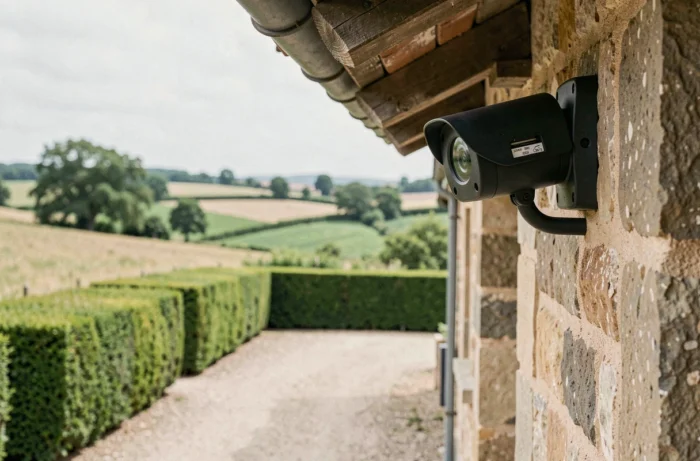 Caméra de surveillance extérieure avec stockage local chiffré fixée sous une avancée de toit