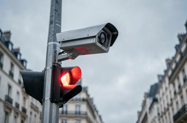 Caméra de surveillance fixée sur un poteau métallique au-dessus d'un feu rouge dans une intersection urbaine française