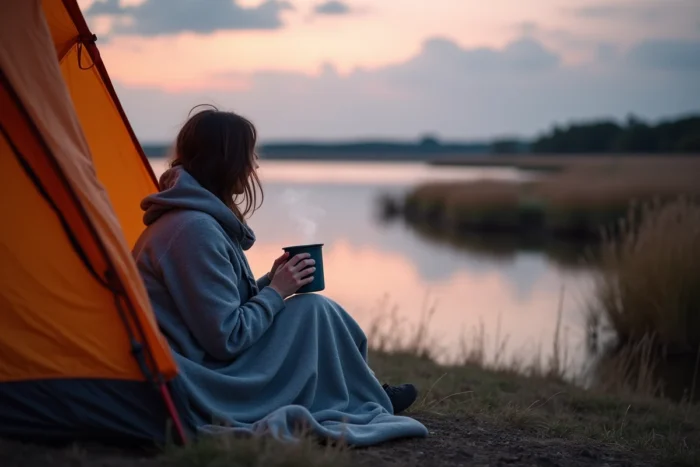 Campement sauvage au bord d'un lac landais au crépuscule, femme assise devant sa tente avec une tasse chaude face à un paysage serein