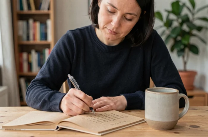 Femme écrivant dans un carnet de gratitude des faits concrets du quotidien