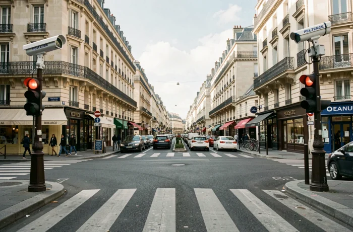 Vue grand angle d'un carrefour urbain français équipé de plusieurs caméras de surveillance aux feux rouges avec véhicules arrêtés