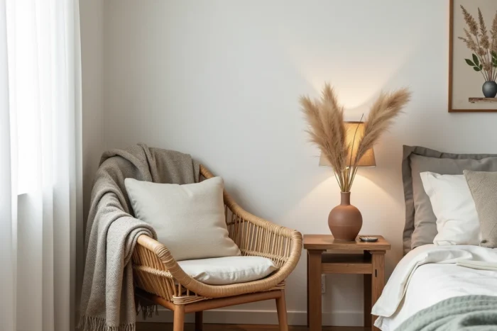 Coin chambre scandinave avec fauteuil en rotin, plaid tissé main et décorations artisanales en céramique et lin