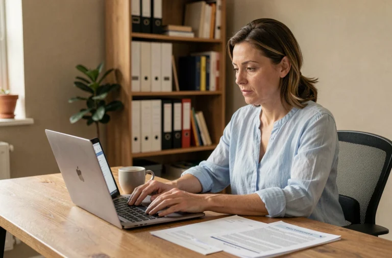 Femme effectuant un changement d'adresse sur le site impots.gouv depuis son bureau à domicile