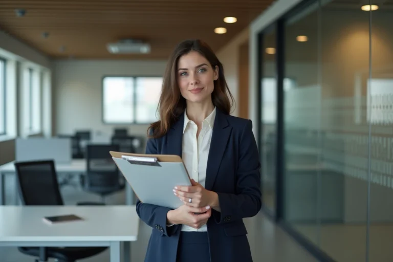 Une professionnelle tenant un dossier avec un logo d'entreprise en cours de remplacement, symbolisant un changement de nom de marque