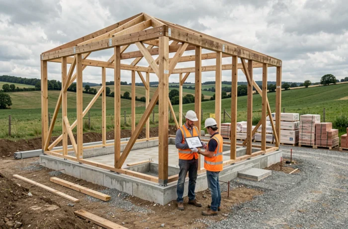 Chantier de construction d'une maison individuelle personnalisée en France avec ouvriers et structure en bois