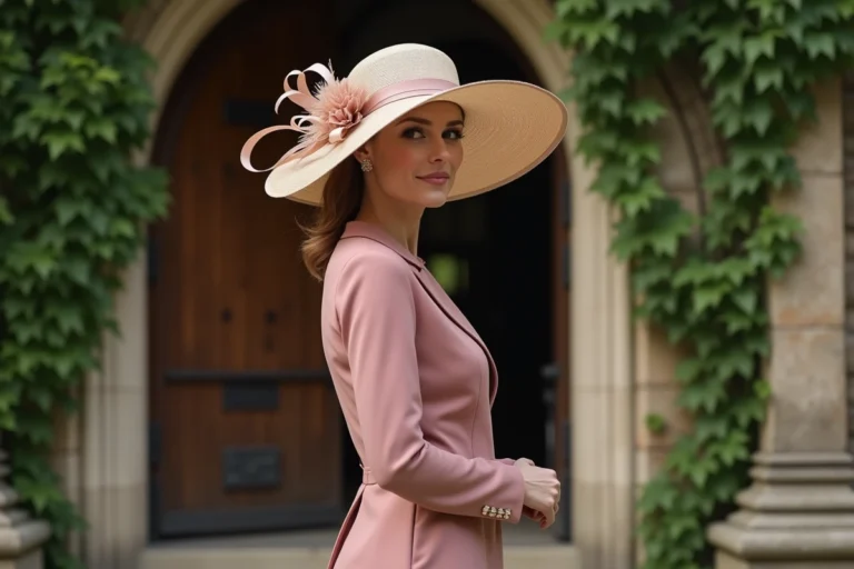Femme élégante portant un chapeau de cérémonie en sinamay champagne à large bord avec plume décorative, devant l'entrée d'une église en pierre lors d'un mariage