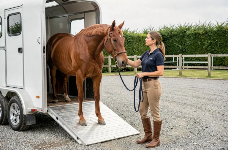 Femme professionnelle chargeant un cheval alezan dans une remorque équestre blanche dans un centre équestre bien entretenu