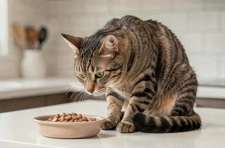 Chat tigré adulte reniflant une barquette de pâtée pour chat sur un plan de travail blanc dans une cuisine moderne