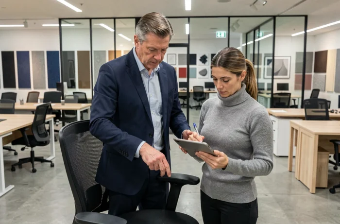 Deux professionnels choisissant un fauteuil ergonomique dans un showroom de mobilier de bureau moderne