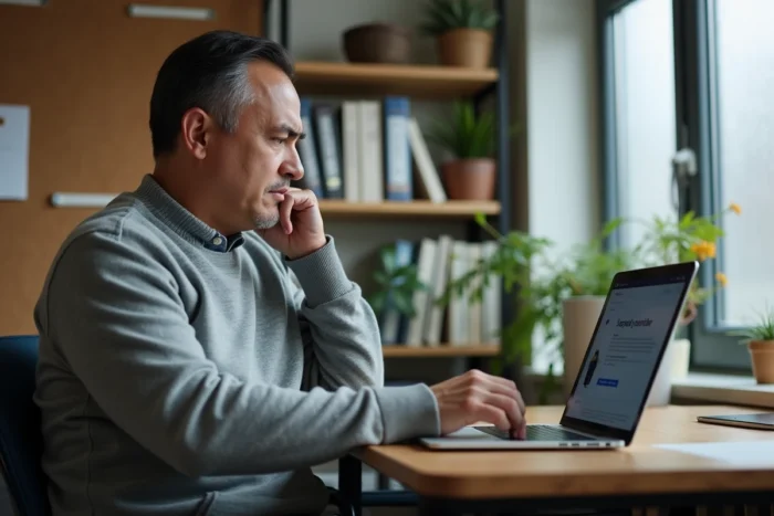 Un homme d'affaires consultant sur son ordinateur portable les nouvelles informations suite au changement de nom d'un prestataire de services
