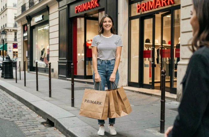 Jeune femme souriante tenant des sacs Primark devant l'entrée d'un magasin Primark à Paris, trottoir parisien en arrière-plan