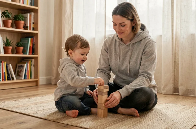 Mère en tenue décontractée guidant son enfant en bas âge dans un jeu de construction sur le sol d'un salon scandinave chaleureux