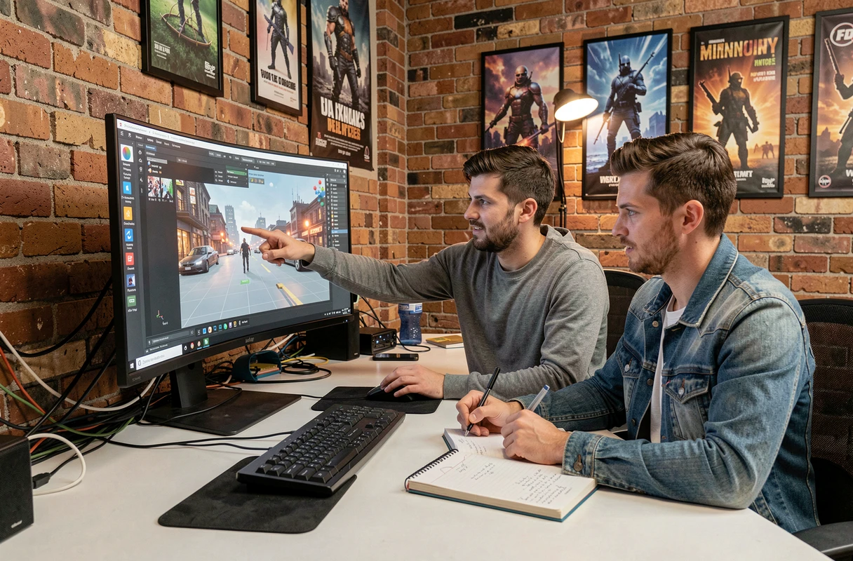 Deux développeurs collaborant sur un projet de mod de jeu vidéo dans un studio indépendant avec la plateforme Rikmod