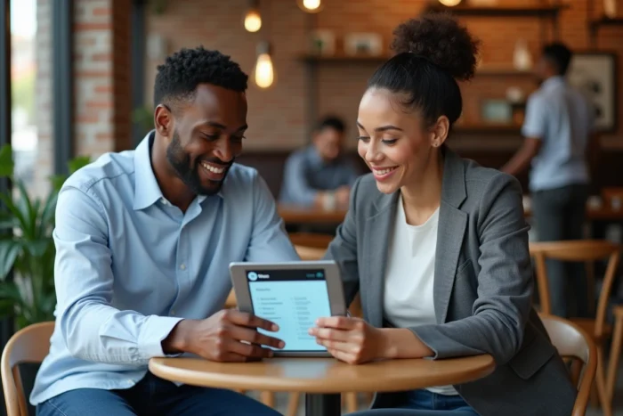 Deux collègues africains discutant des étapes pour obtenir un prêt rapide sur l'application Wave dans un café