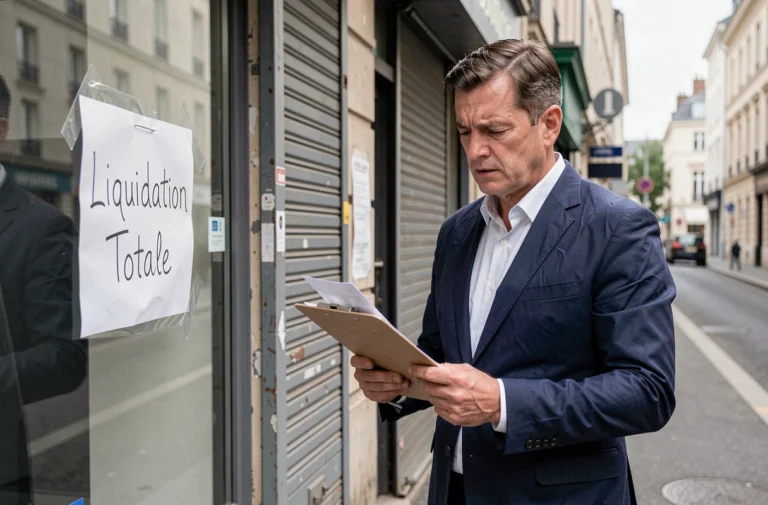 Homme d'affaires consultant des documents devant un commerce en liquidation totale, rue commerçante française