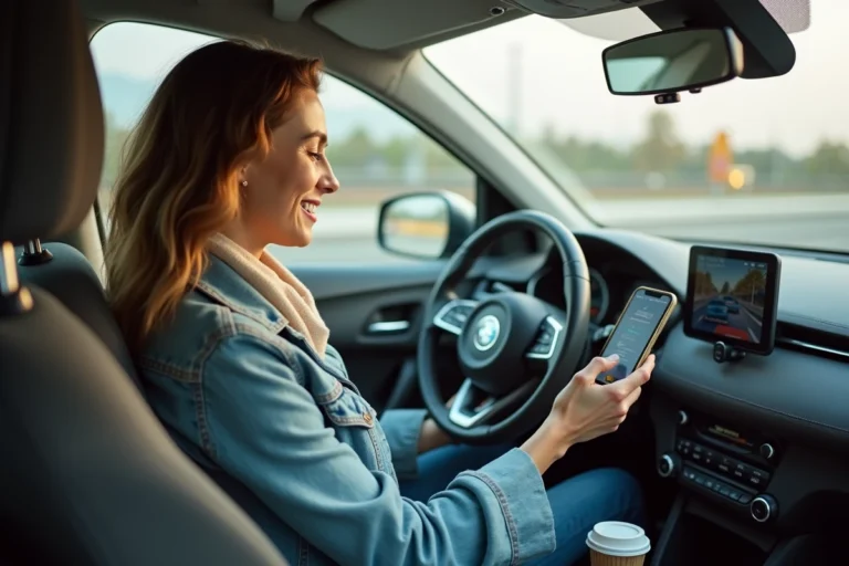 Conductrice souriante dans sa voiture utilisant l'application BlaBlaCar sur son téléphone monté au tableau de bord