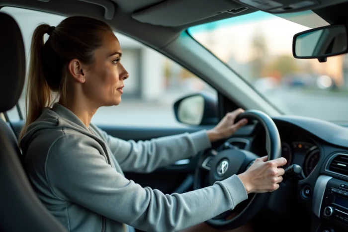 Conductrice concentrée au volant d'une voiture à une intersection urbaine, prête à tourner à gauche en respectant les règles de priorité
