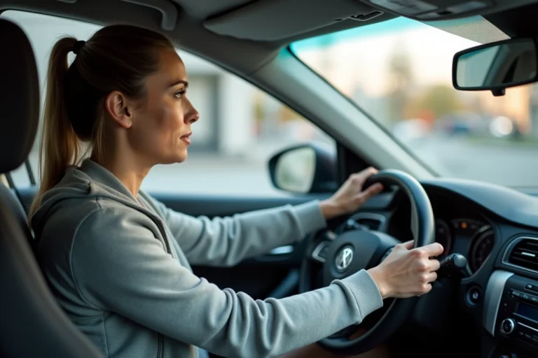 Conductrice concentrée au volant d'une voiture à une intersection urbaine, prête à tourner à gauche en respectant les règles de priorité