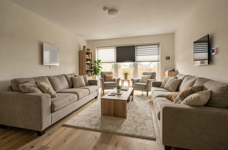 Vue d'ensemble d'un intérieur de maison moderne avec dispositifs de sécurité et de confort intégrés