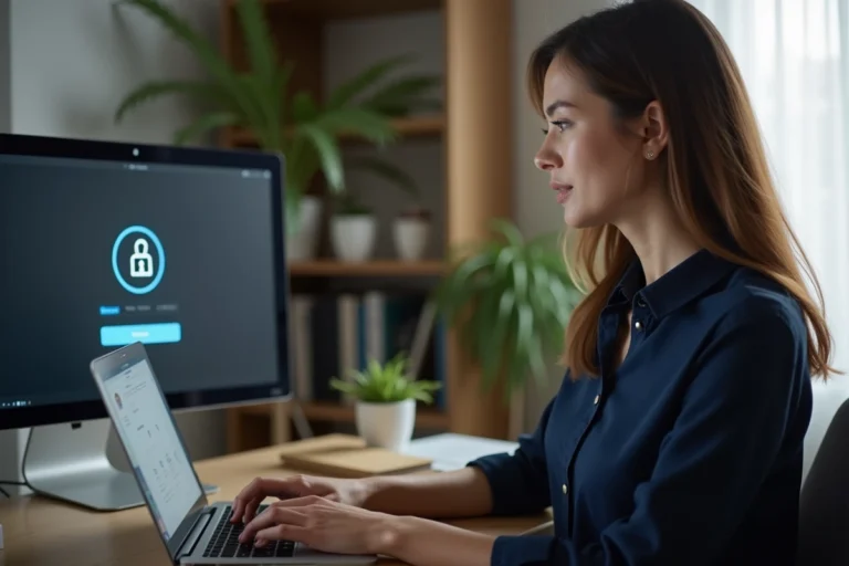 Femme connectée à un portail en ligne depuis son bureau à domicile avec un ordinateur portable